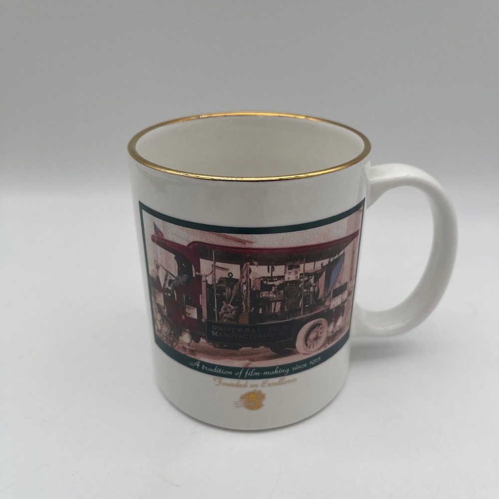 Universal Film Manufacturing Co Vintage Style Coffee Mug Gold Rim White Ceramic